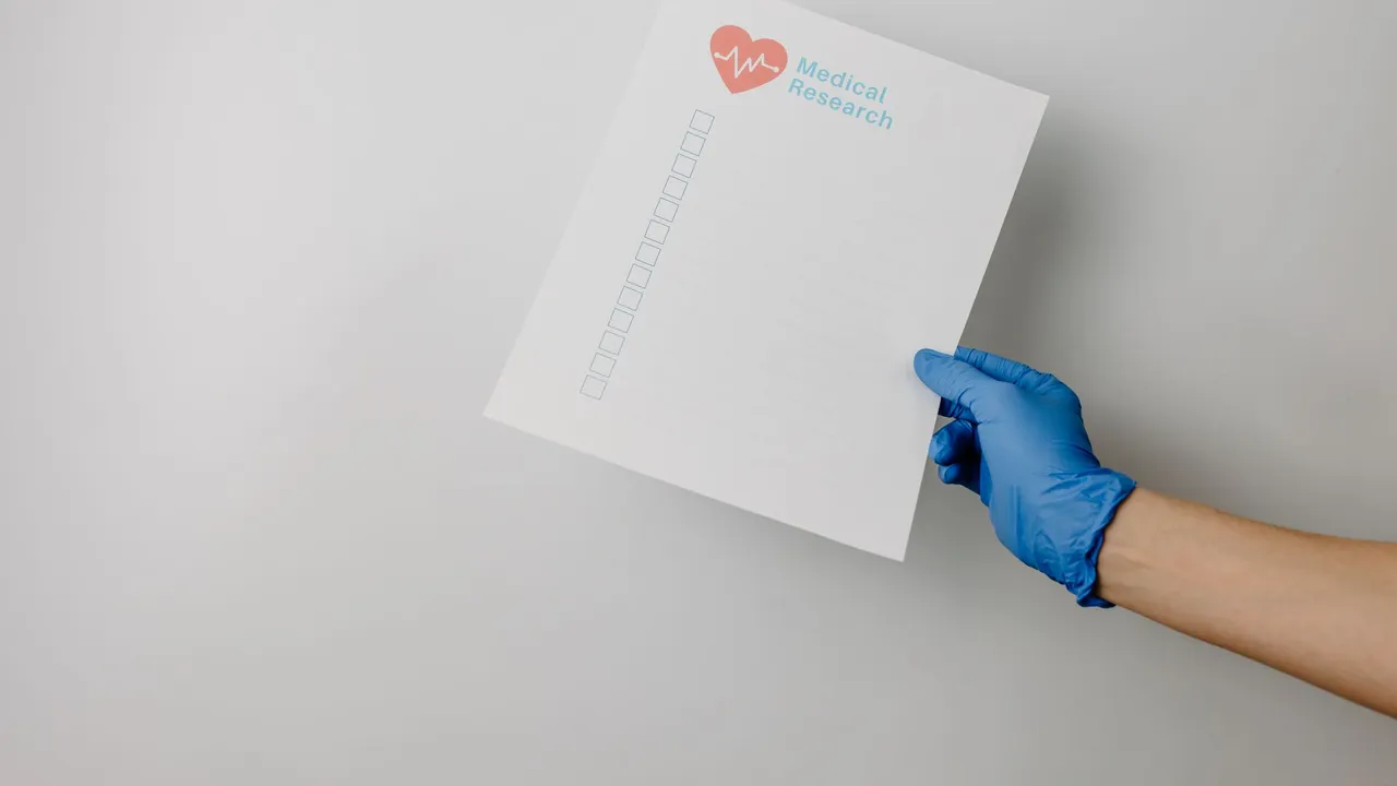 A gloved hand holding a paper titled 'Medical Research' with checkboxes.
