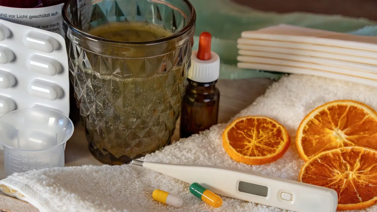 A flat lay of home remedies for cold and flu, featuring herbs and pharmaceuticals.
