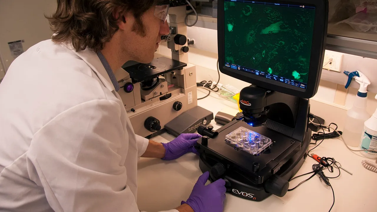 Ross Marklein, Ph.D., a post-doctoral research fellow at FDA, examines images of stem cells in an FDA laboratory on the National Institutes of Health campus in