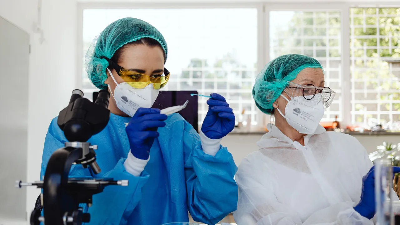 Two female scientists wearing PPE working in a lab with a microscope and petri dishes.