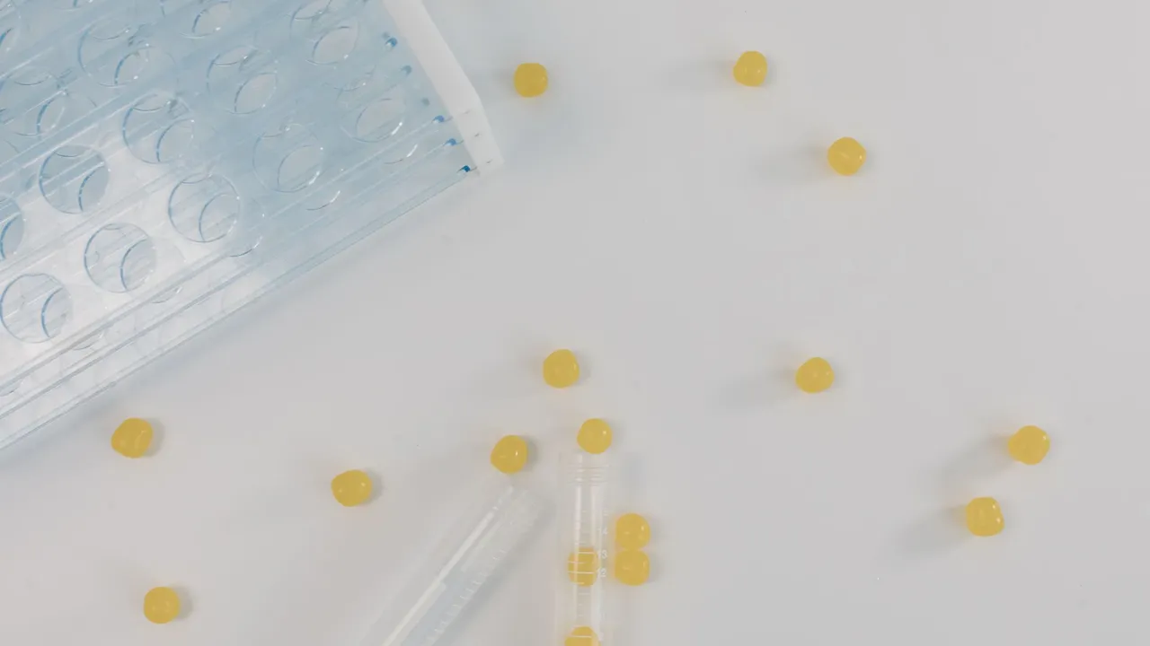 Flatlay of laboratory tools and yellow capsules on a white background.